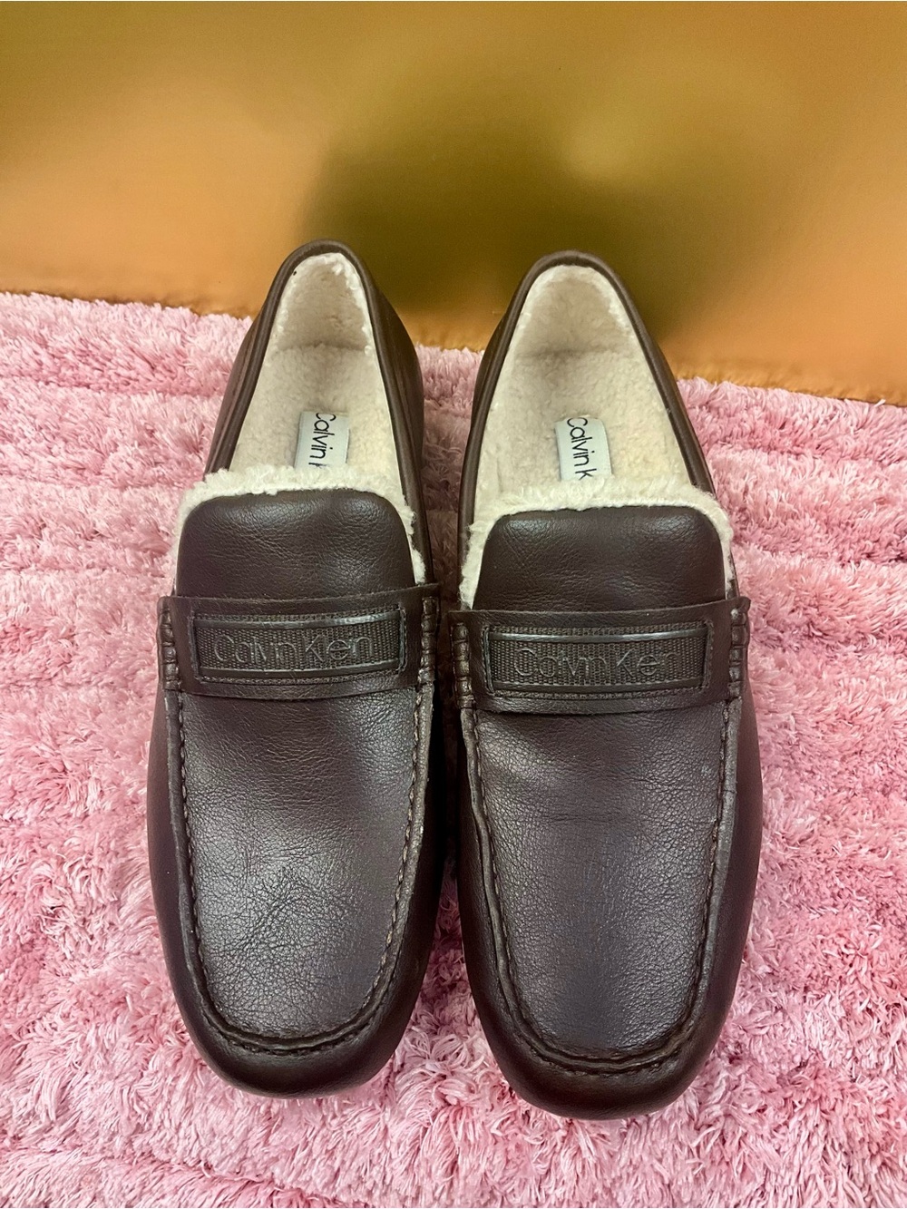 Calvin Klein Brown Leather Slip-On Loafers with Shearling Lining